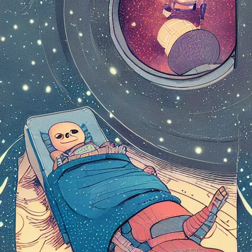 Prompt: baby groot lies flat and crosses legs in bed the space ship, by victo ngai