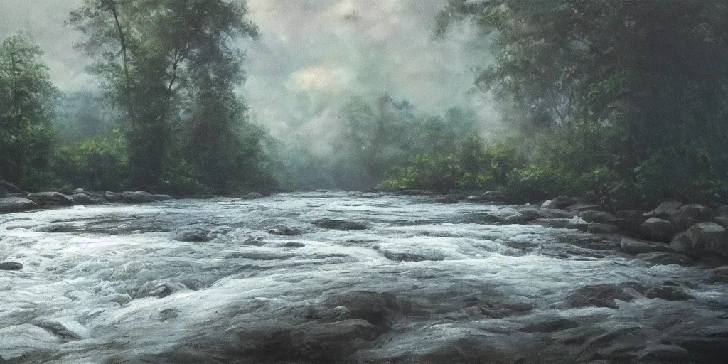 Image similar to a river, cinematic lighting, detailed oil painting, hyperrealistic, 8k