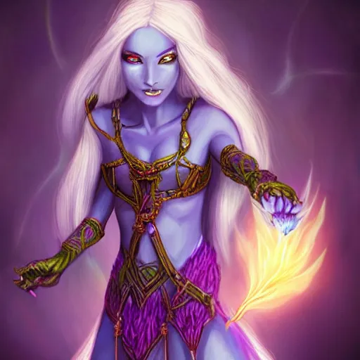 Image similar to a drow elf wizard, holding purple and green fire, female, auburn and blonde two toned hair, fantasy, d & d, intricate, elegant, highly detailed, digital painting, artstation, concept art, matte, sharp focus, illustration, in the style of magic the gathering