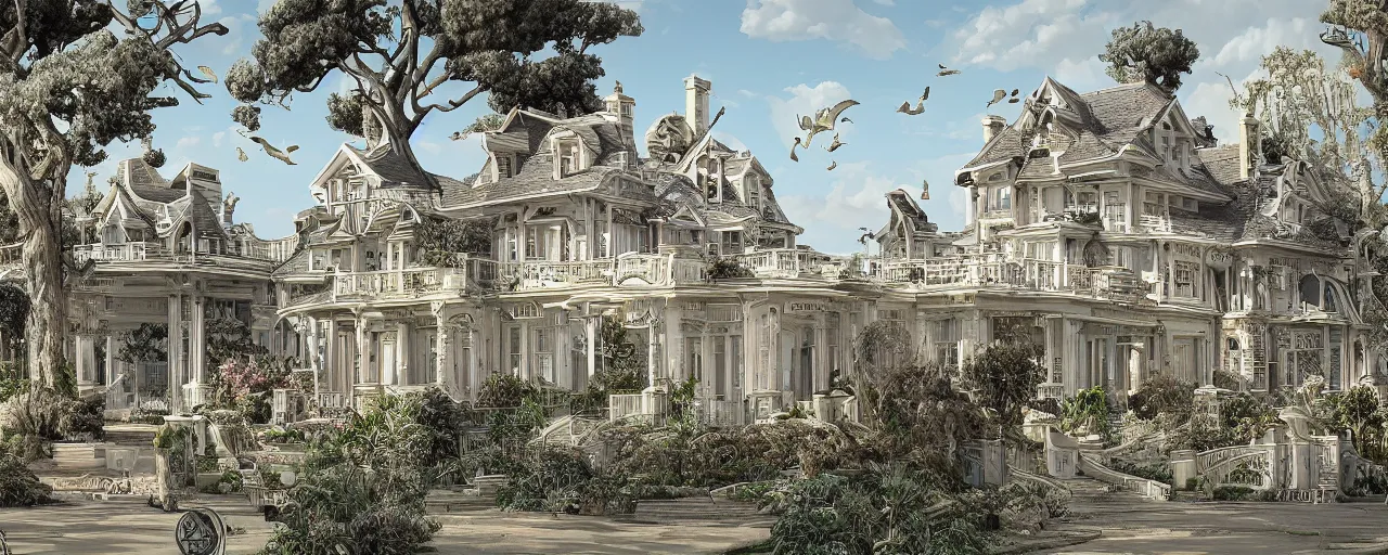 Image similar to a mansion on the seaside designed by James Jean, photorealistic