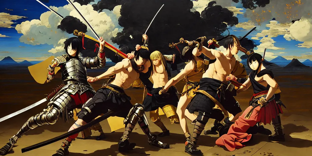 Prompt: baroque oil painting of key visual samurai battle, japanese armor, brutalist fantasy, realism, rule of thirds golden ratio, fake detail, trending pixiv fanbox, acrylic palette knife, style of makoto shinkai ghibli takashi takeuchi yoshiyuki sadamoto jamie wyeth james gilleard greg rutkowski chiho aoshima