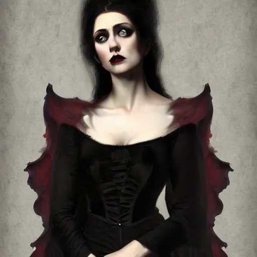 Image similar to Demonic beautiful vampire woman mistress of death mourning widow vintage gown with a faint smile dark lipstick, emerging from dark fog and smoke, colourful trending artstation, detailed portrait academic caravaggio Bouguereau, sharp focus medium shot