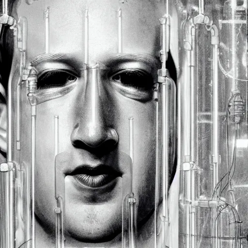 Image similar to mark zuckerberg awakening from his alien cryogenic chamber with slimy feeding tubes attached. science fiction movie.