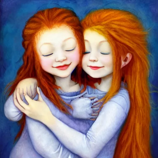 Image similar to a young blue haired girl hugging a young ginger haired girl and smiling, beautiful, innocent, angelic, happy, warm, soft lighting, in the clouds, renaissance, beautiful, cherubic, oil painting