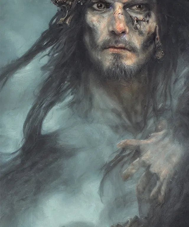 Prompt: ultra realistic color portrait painting of a tranparent 1 7 th century pirate ghost with a sword in a grotto, dark, painted, brooding, atmospheric, seascape, horror, smooth, epic, highly detailed, cinematic, artstation, dave dorman