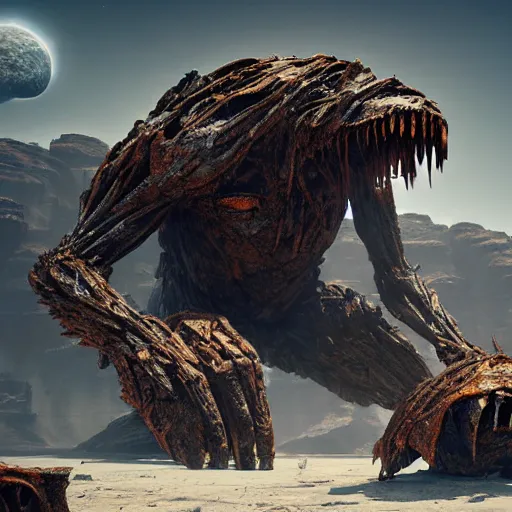 Image similar to the remains of a colossal creature lie on on a deserted planet, illustration, epic, sci - fi, hyper detailed, smooth, unreal engine 5, sharp focus, ray tracing