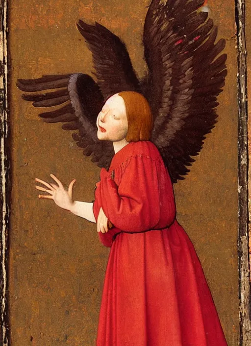 Image similar to Flying Fallen Angel with wings dressed in red, Medieval painting by Jan van Eyck, Johannes Vermeer, Florence