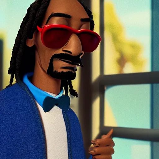 Image similar to a cinematic film still from a 2022 Pixar movie about Snoop Dogg, in the style of Pixar, shallow depth of focus