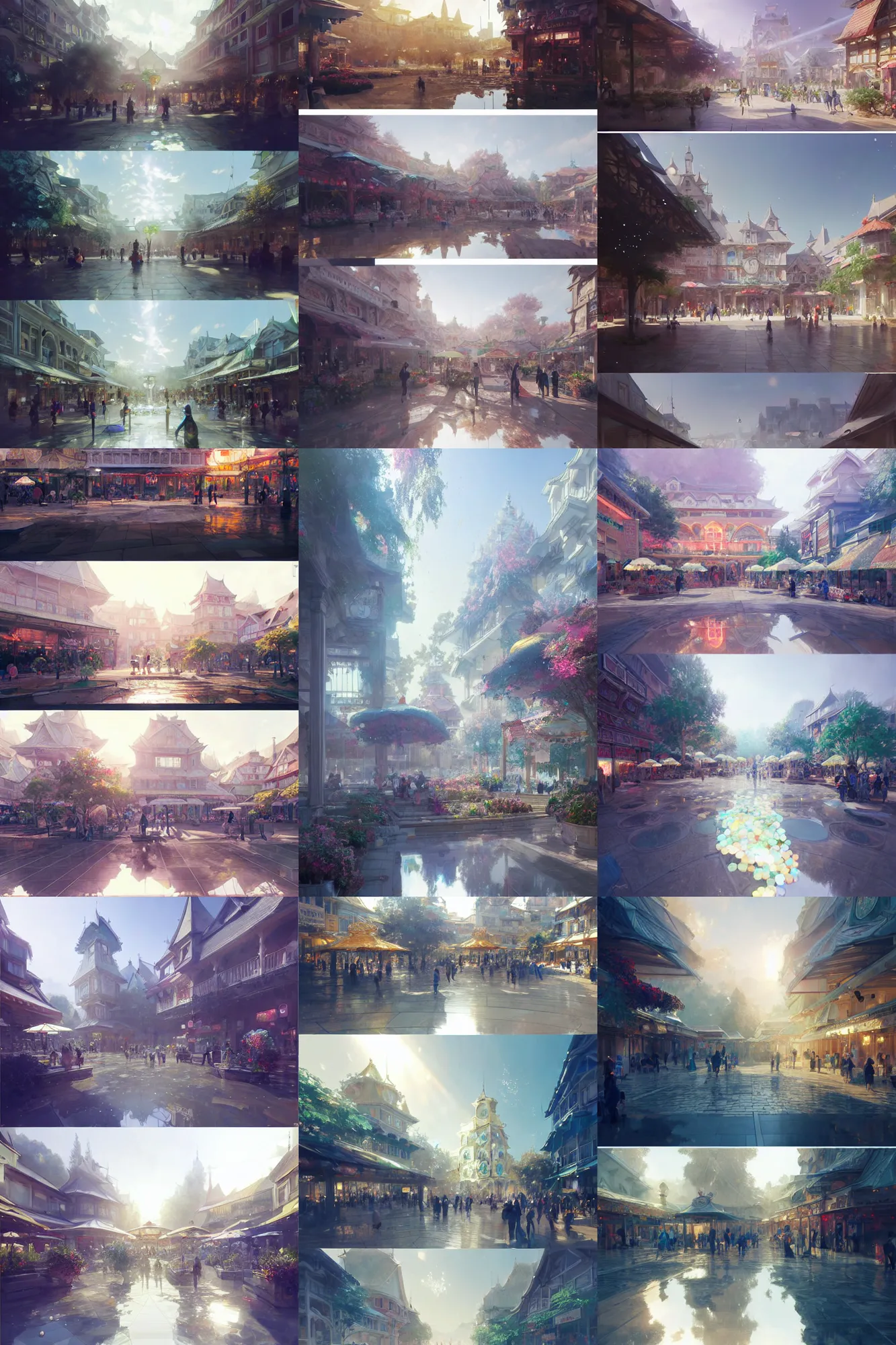 Prompt: detailed illustrations of a town square made of gemstones and pearl and crystal, refractive and reflective, god rays, bloom, by ruan jia, by conrad roset, by yoshitaka amano, cgsociety, artstation.