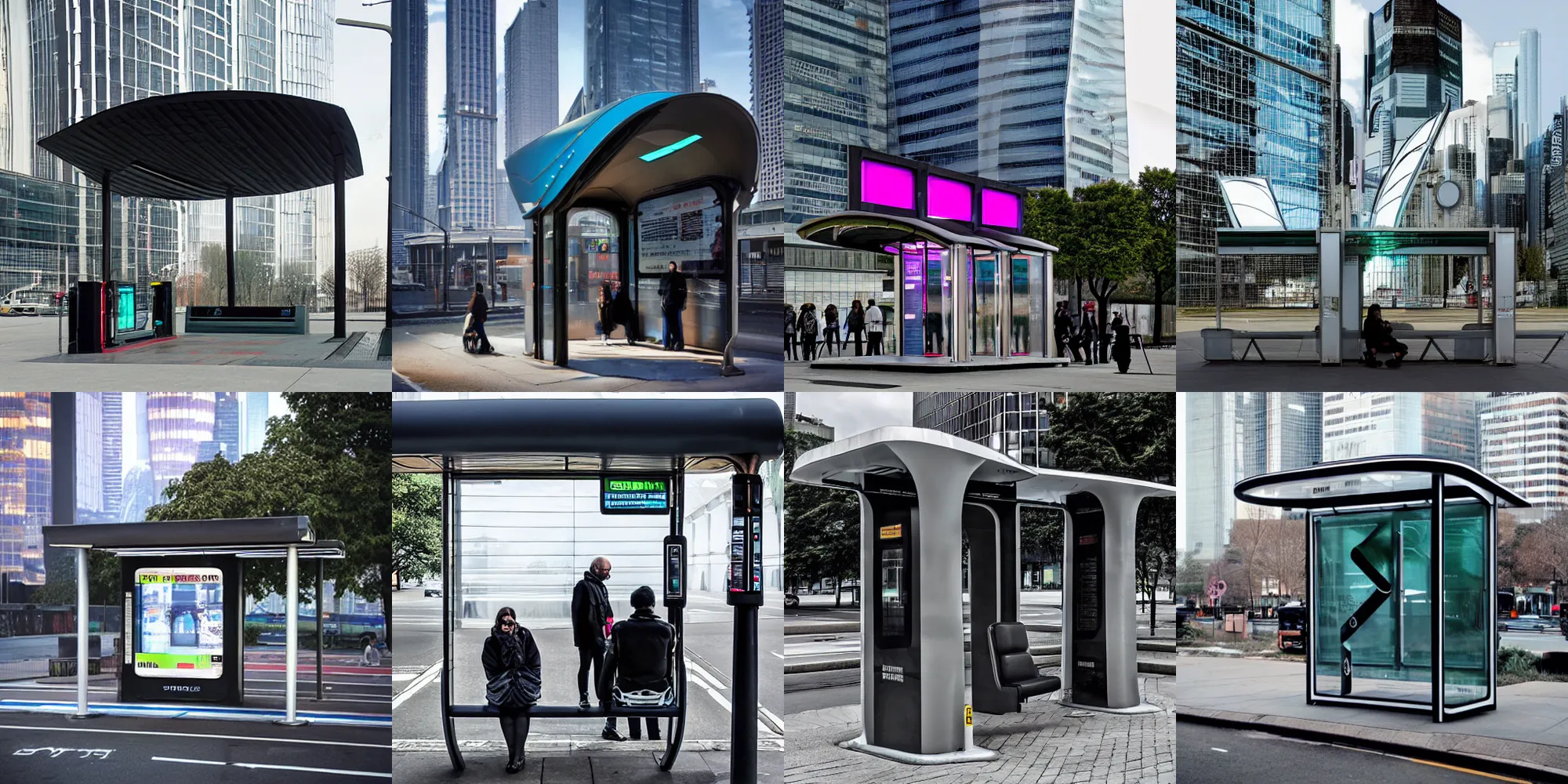 Prompt: cyberpunk bus stop by norman foster