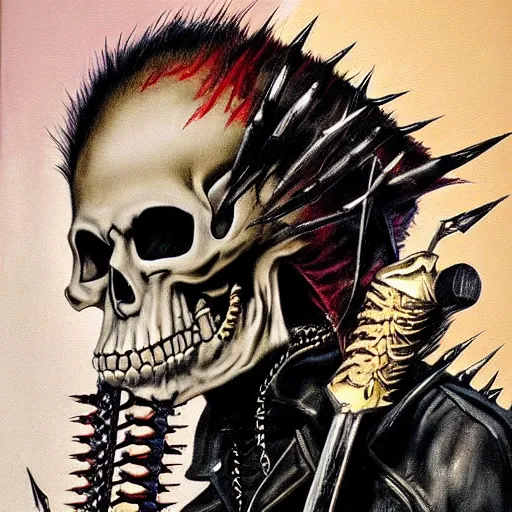 Prompt: a portrait of the grim reaper as a punk rocker, punk, skeleton face, mohawk, dark, fantasy, leather jackets, spiked collars, spiked wristbands, piercings, boots, guitars, motorcycles, ultrafine detailed painting by frank frazetta and vito acconci, detailed painting