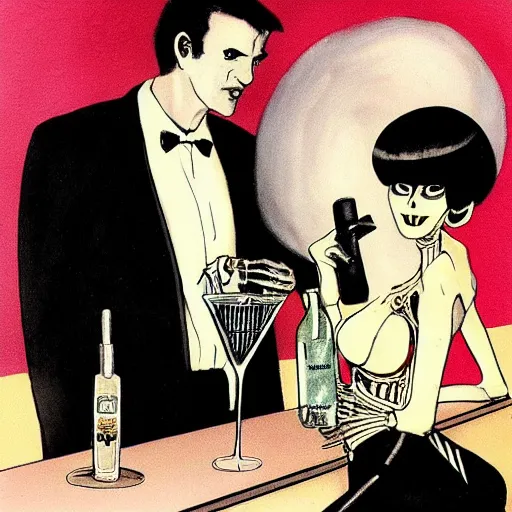 Image similar to a skeleton in a black suit sitting at the bar at the disco club drinking tequila, talking to a beautiful woman in a low cut blouse and a miniskirt, holding a martini, by Basil Gogos and Robert McGinnis