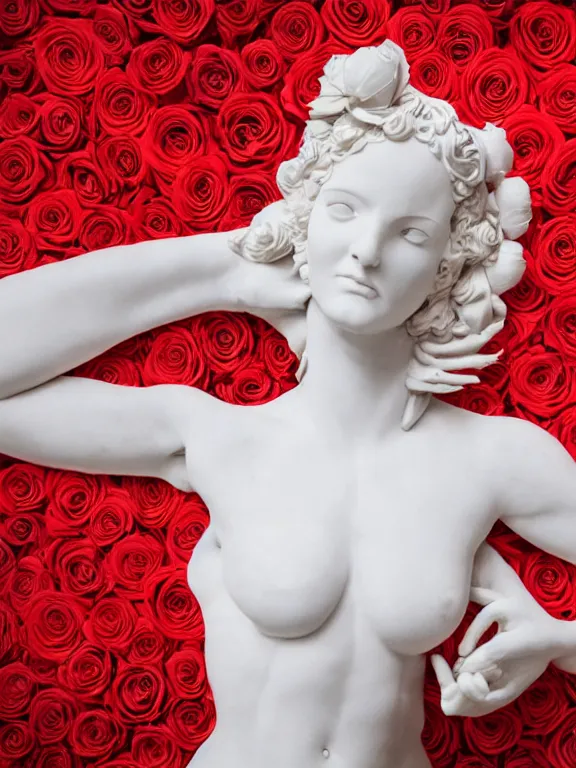 Prompt: portrait art venus of milo sculpture made of white marble, concept art, red roses exploding from her heart, volumetric lighting, hyperrealistic, focused, extreme details, masterpiece, fine details