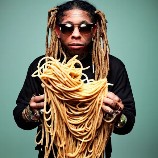 Image similar to lil wayne hip hop artist eating spaghetti and meatballs, promo shot for new album, trending on pitchfork, terry richardson photography, high color