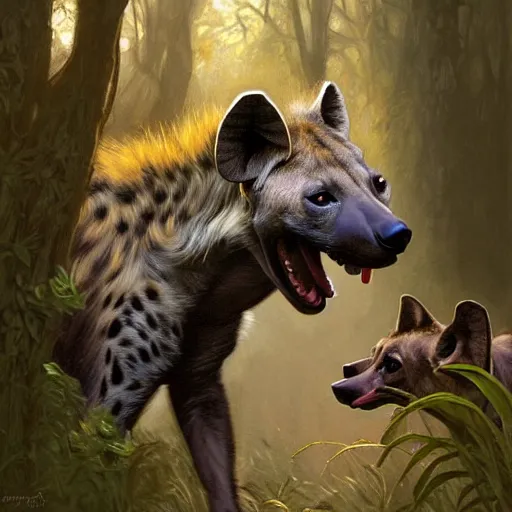 Image similar to photo of a hyena with a woman's head feeds puppies in the forest, highly detailed, digital painting, artstation, smooth, sharp focus, illustration, art by artgerm and greg rutkowski and alphonse mucha