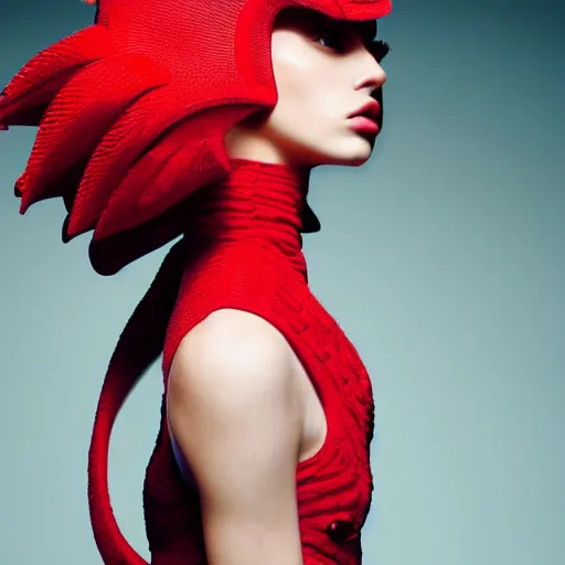 Image similar to female fashion model in year 3000 in a cave, model wearing a surreal Avant-garde helmet in red, dramatic lighting,photography , official Versace editorial , highly detailed