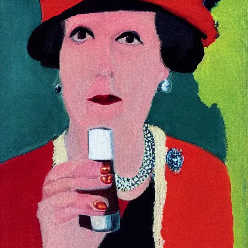 Image similar to queen of england shotgunning a beer, in the style of rothko,