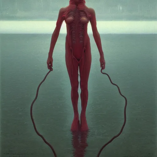 Prompt: portrait, standing in a lake, woman wrapped around by tubes and cables, cult, glowing red, by edgar maxence and ross tran, zdzisław beksinski, and michael whelan, distant, gustav dore, h. r. giger, 8 k, octane render