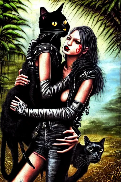 Image similar to punk rock girls kissing and making selfie with black cats in jungle , 1980 style, mad max jacket, post apocalyptic, Cyberpunk, renaissance, Gothic, mystic, highly detailed, digital painting, 4k, fog, oil painting by Leonardo Da Vinci, hyper realistic style, fantasy by Olga Fedorova