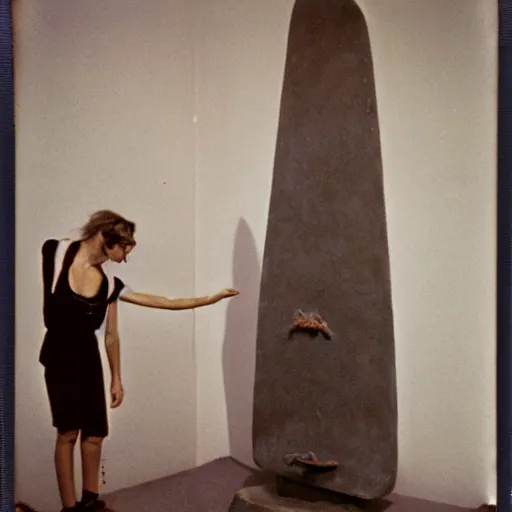 Image similar to polaroid of a skater girl inspecting a sculpture by leonora carrington