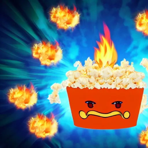 Image similar to anime style character of a piece of fluffy popcorn with a smiling face and flames for hair, sitting on a lotus flower, clean composition, symmetrical