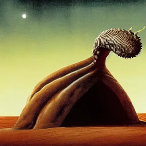 Image similar to a great composition of a scene portraying a desert with a giant sandworm from Dune