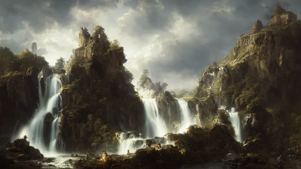 Prompt: a kingdom near the great alpine waterfall. andreas achenbach, artgerm, mikko lagerstedt, zack snyder, tokujin yoshioka