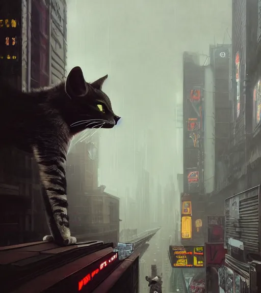 Prompt: new york city portrait of furry anthro anthropomorphic common house cat head animal person fursona wearing clothes strange cybernetic muzzle gloomy rainy screenshot from the video game cyberpunk 2077 digital art by Greg Rutkowski, Simon Stalenhag, christopher nolan trending on Artstation, CGSociety