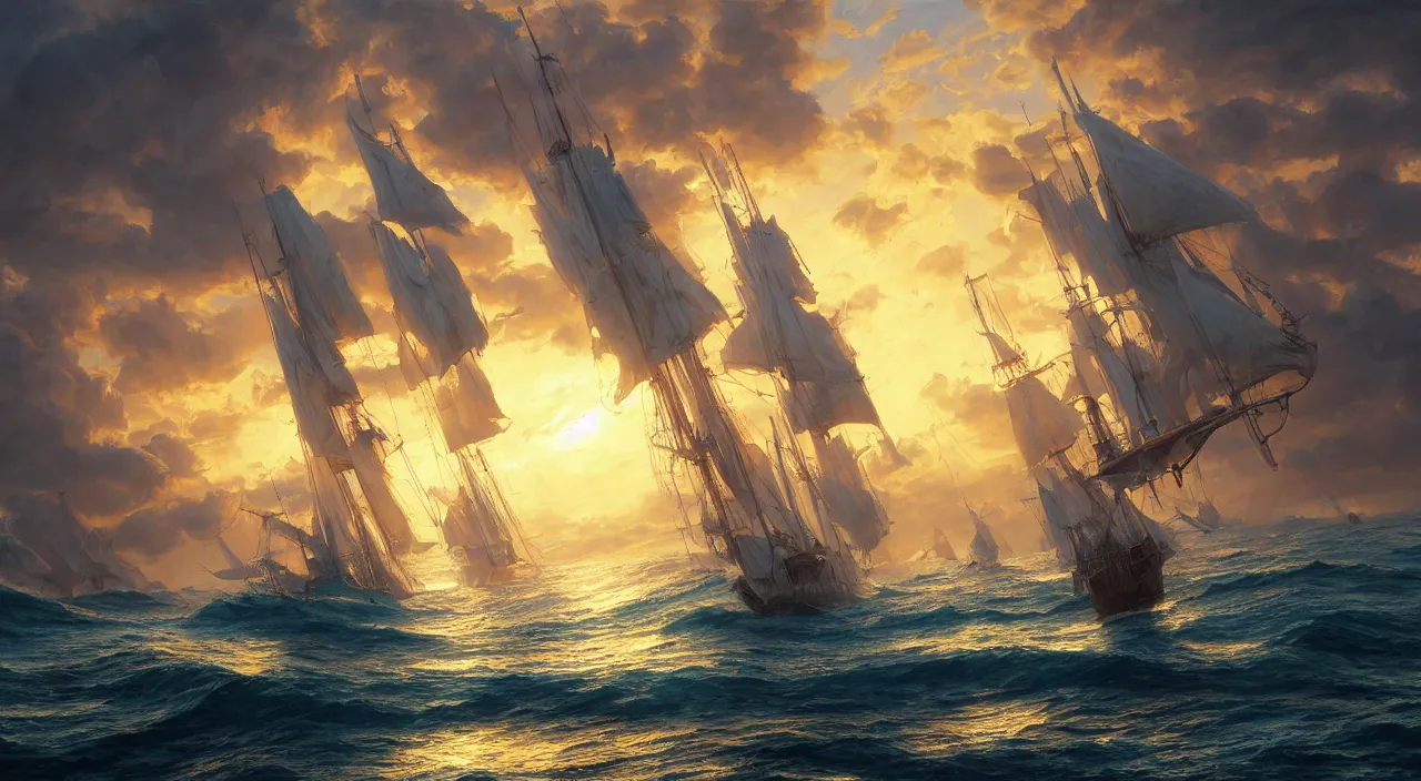 Image similar to detailed oil painting of galleon sailing towards the rising sun, calm ocean, sunset lighting, clear blue sky, hyperdetailed unreal engine 8 k ultra hd, stanley artgerm lau, rossdraws, james jean marc simonetti ruan jia and mandy jurgens and artgerm and william illustration, digital art, concept art