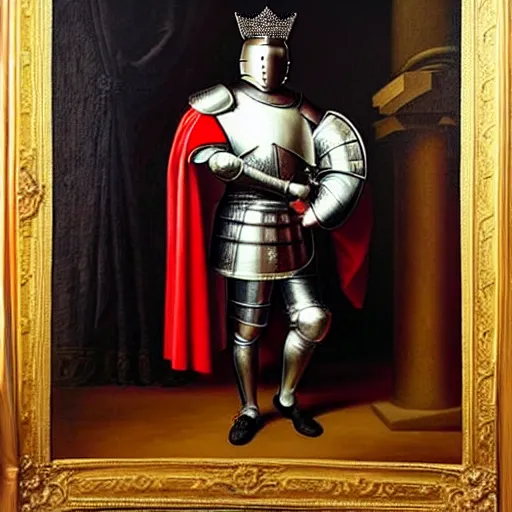 Prompt: full - body - front - shot, donald trump wearing knight'armor, crown, renaissance painting of a knight, detailed face