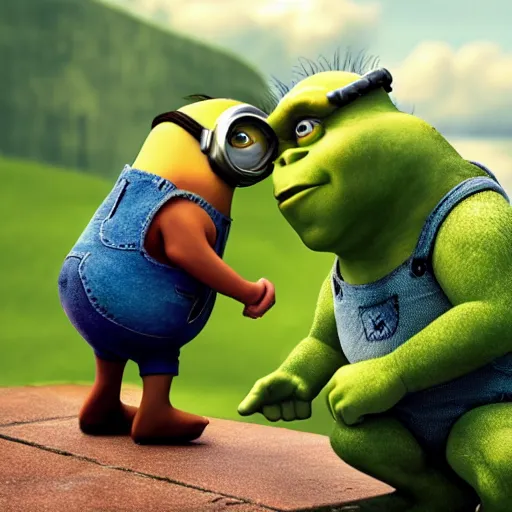 Image similar to “photograph of shrek holding hands with a minion. 8k resolution. Hyperrealistic. Romantic.”