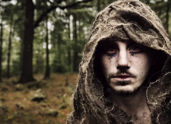 Prompt: character and environment photography, portrait mystical infested 2 0 - year - old male druid, tattered spiderweb hood and robe, reflective eyes, infested bear standing, medium shot, wide angle, 2 0 0 px, low key