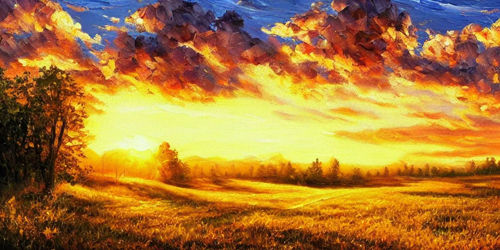 Prompt: golden hour nature landscape, oil painting, ultra realistic, highly detailed, hd, sharp focus, cinematic lighting, warm colors, realistic, photorealistic, vivid colors, painting, non blurry, sharp, smooth, illustration
