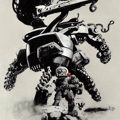 Prompt: portrait of a kid and his giant robot octopus friend by frank frazetta