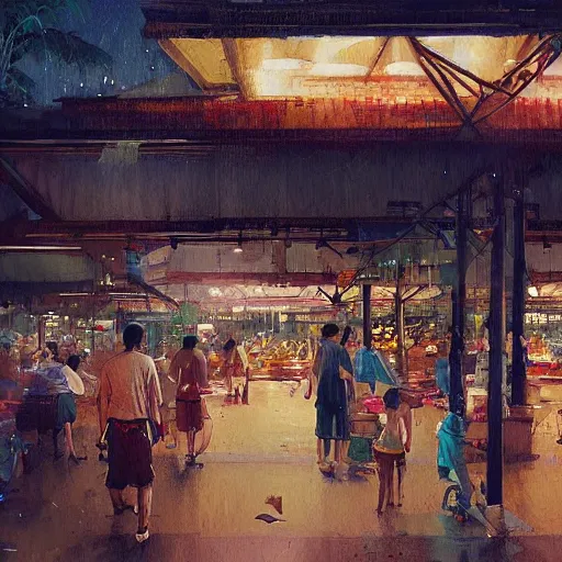 Prompt: a singaporean hawker centre at night, by greg rutkowski, digital art, award - winning