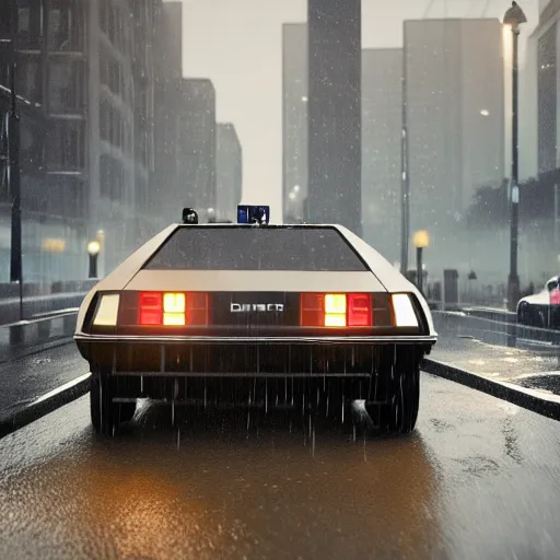 Image similar to hyperdetailed, photorealistic photograph of a dmc 1 2 delorean driving in the streets, rain, night, dense fog, hd, unreal engine 5