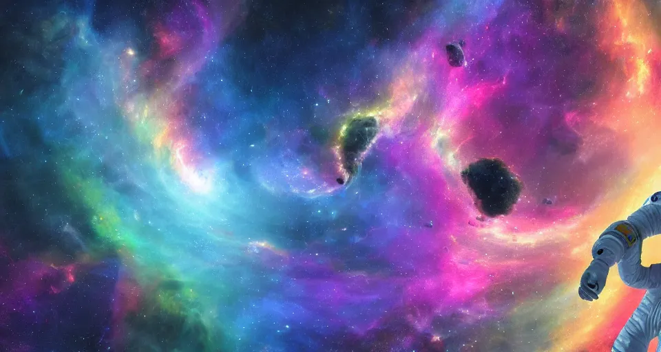 Prompt: Astronaut floating through a rainbow space nebula, hyperdetailed, artstation, cgsociety, 8k