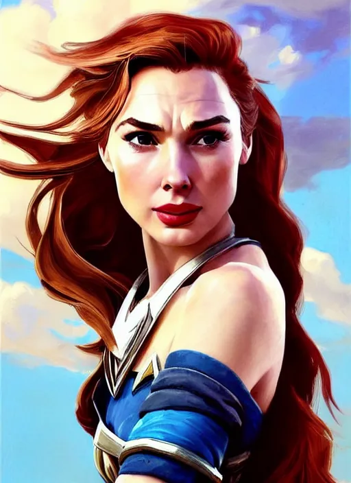 Prompt: A combination of Gal Gadot and Grace Kelly’s and Audrey Hepburn's appearance with red hair as Aloy from Horizon Zero Dawn in the style of Assassins Creed, countryside, calm, fantasy character portrait, dynamic pose, above view, sunny day, thunder clouds in the sky, artwork by Jeremy Lipkin and Giuseppe Dangelico Pino and Michael Garmash and Rob Rey and Greg Manchess, very coherent asymmetrical artwork, sharp edges, perfect face, simple form, 100mm