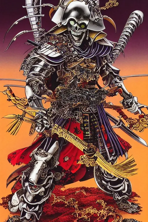 Image similar to poster of crazy skeletor samurai with japanese armor and helmet, by yoichi hatakenaka, masamune shirow, josan gonzales and dan mumford, ayami kojima, takato yamamoto, barclay shaw, karol bak, yukito kishiro