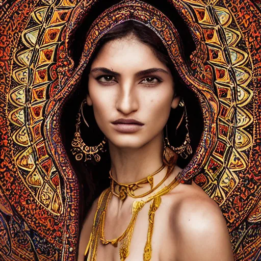 Image similar to portrait of a stunningly beautiful persian tribal female, depth of field, zeiss lens, detailed, symmetrical, centered, fashion photoshoot, by Annie Leibovitz and Steve McCurry, David Lazar, Jimmy Nelsson, Breathtaking, 8k resolution, extremely detailed, beautiful, establishing shot, artistic, hyperrealistic, beautiful face, octane render