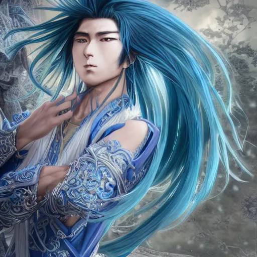 Image similar to an immortal xianxia cultivator with long blue hair as an absurdly handsome, elegant, young anime man, ultrafine hyperrealistic detailed face illustration by kim jung gi, irakli nadar, intricate linework, sharp focus, bright colors, matte, gujian, final fantasy, unreal engine highly rendered, global illumination, radiant light, intricate environment