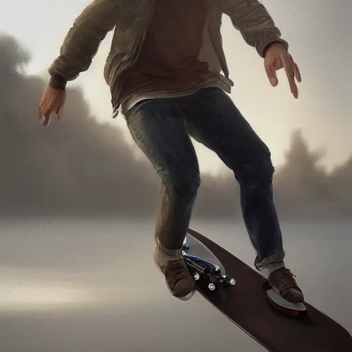 Image similar to a man skateboarding digital painting, artstation, concept art, soft light, hdri, smooth, sharp focus, illustration, intricate, elegant, highly detailed, matte painting, in the style of Greg Rutkowski, 8k, highly detailed