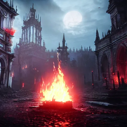 Prompt: bloodborne fps, flames, soft focus, dark, 4 k