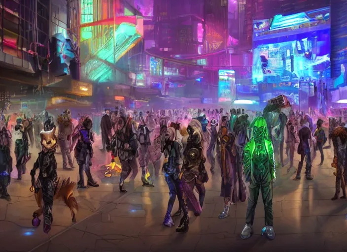 Image similar to high - resolution photograph from a cyberpunk era furry fandom convention ( midwest furfest 2 0 4 7 ), taking place after the genetic revolution and quantum singularity. photorealistic.