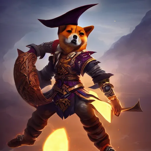 Image similar to shiba inu pirate warrior as a league of legends character, michael maurino, alex flores, paul kwon, cinematic, highly detailed, concept art, 3 d cgi, dramatic lighting, focus, smooth, heroic, hyper realistic background, in the style of league of legends, lol