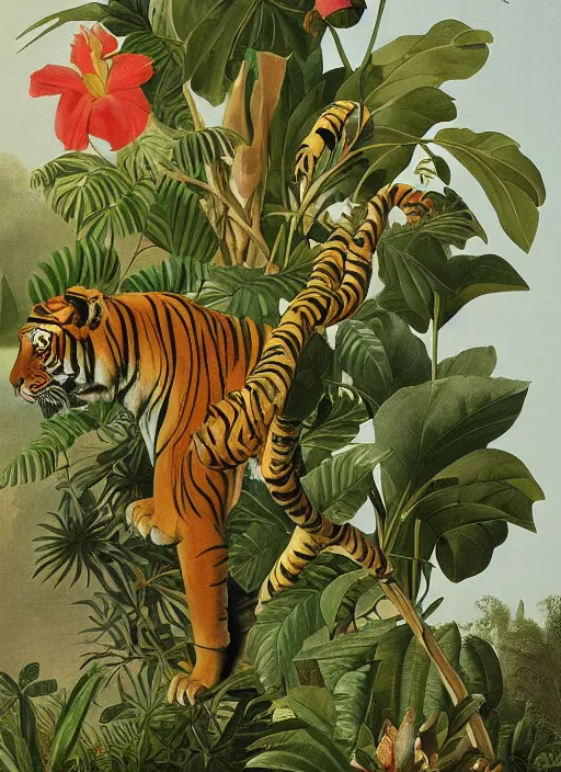 Image similar to tiger, tropical plants, botanical, large exotic flowers, biology, realistic, painted by john audubon