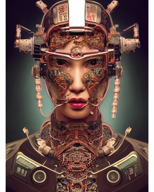 Image similar to portrait of a cyberpunk machine, machine face, upper half portrait, decorated with chinese opera motifs, asian, fine china, wuxia, traditional chinese art, intricate, elegant, highly detailed, symmetry, headpiece, digital painting, artstation concept art smooth sharp focus, illustration, art by artgerm and greg rutkowski alphonse mucha 8 k