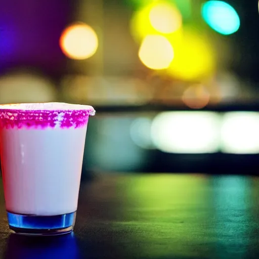 Prompt: blurry lights in background synthwave sharp focus on a cup of rose lassi in the foreground