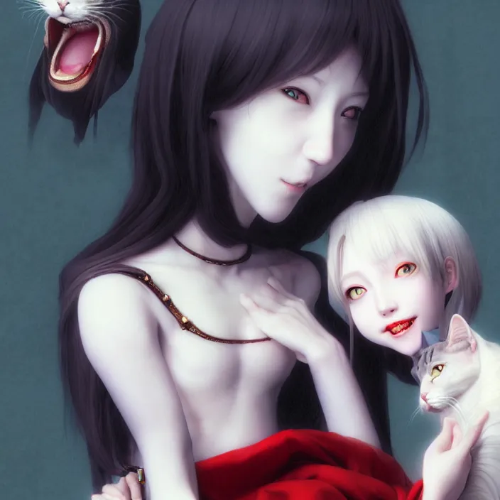 Prompt: renaissance portrait of the secretive vampire girl loner smiling at her cat, by katsuhiro otomo, yoshitaka amano, and artgerm rendered with 3 d effect.