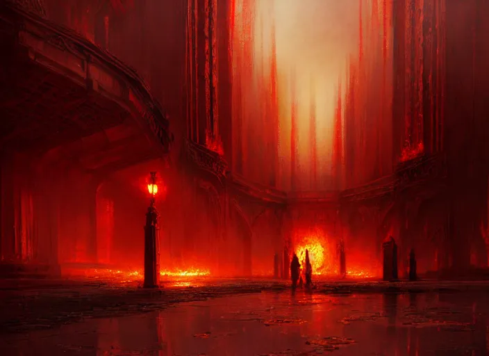 Image similar to huge gate, environment, illustration, fire, smoky, red, colors, epic scene, by craig mullins, symmetrical, golden raito, high quality, intricate details, details, intricate, atmosphere, highly detailed, matte painting, cinematic, deviantart, realistic, concept art, 4 k